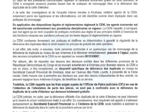RDC : La CENI sanctionne des agents impliqués dans le monnayage du duplicata de la carte d’électeur.