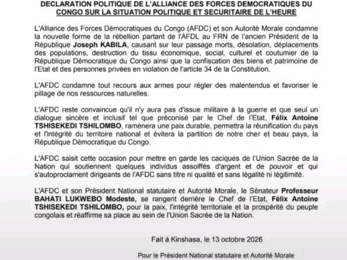 RDC : L’AFDC de Bahati Lukwebo condamne le FRN et met en garde certains cadres de l’Union sacrée.