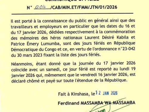 RDC : Les 16, 17 et 19 janvier 2026 déclarés jours fériés à l’occasion des commémorations nationales.